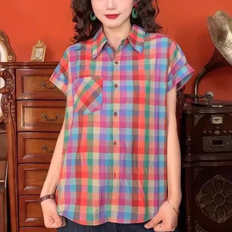 Retro Hong Kong Style Colorful Plaid Short Sleeved Shirt Summer New Color Collision Fashionable and Casual Polo Collar Lady Top