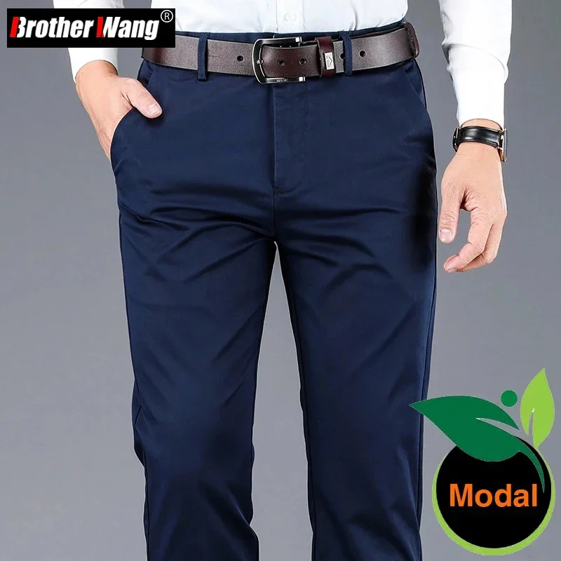 Color 4 Men's Business Casual Pants Modal Fabric Straight High Quality Trousers Male Brand Navy Light Grey Khaki Black