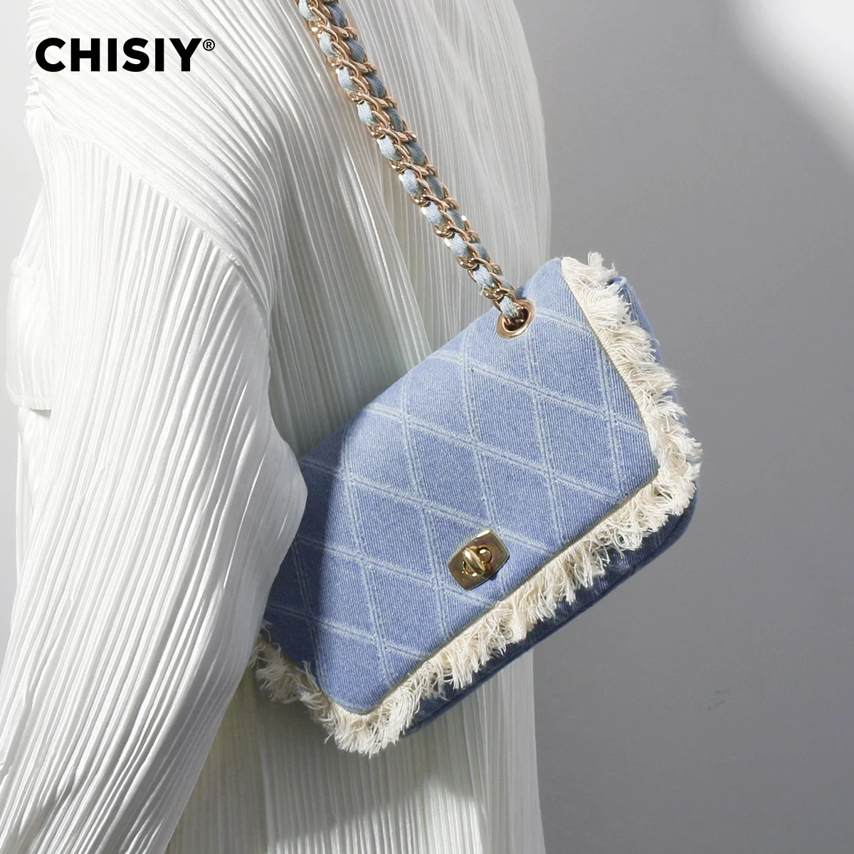 1pc Chisiy Original Handmade Diamond Patterned Pleated Denim Collection Blue Denim Fabric & Faux Leather Material Western Style