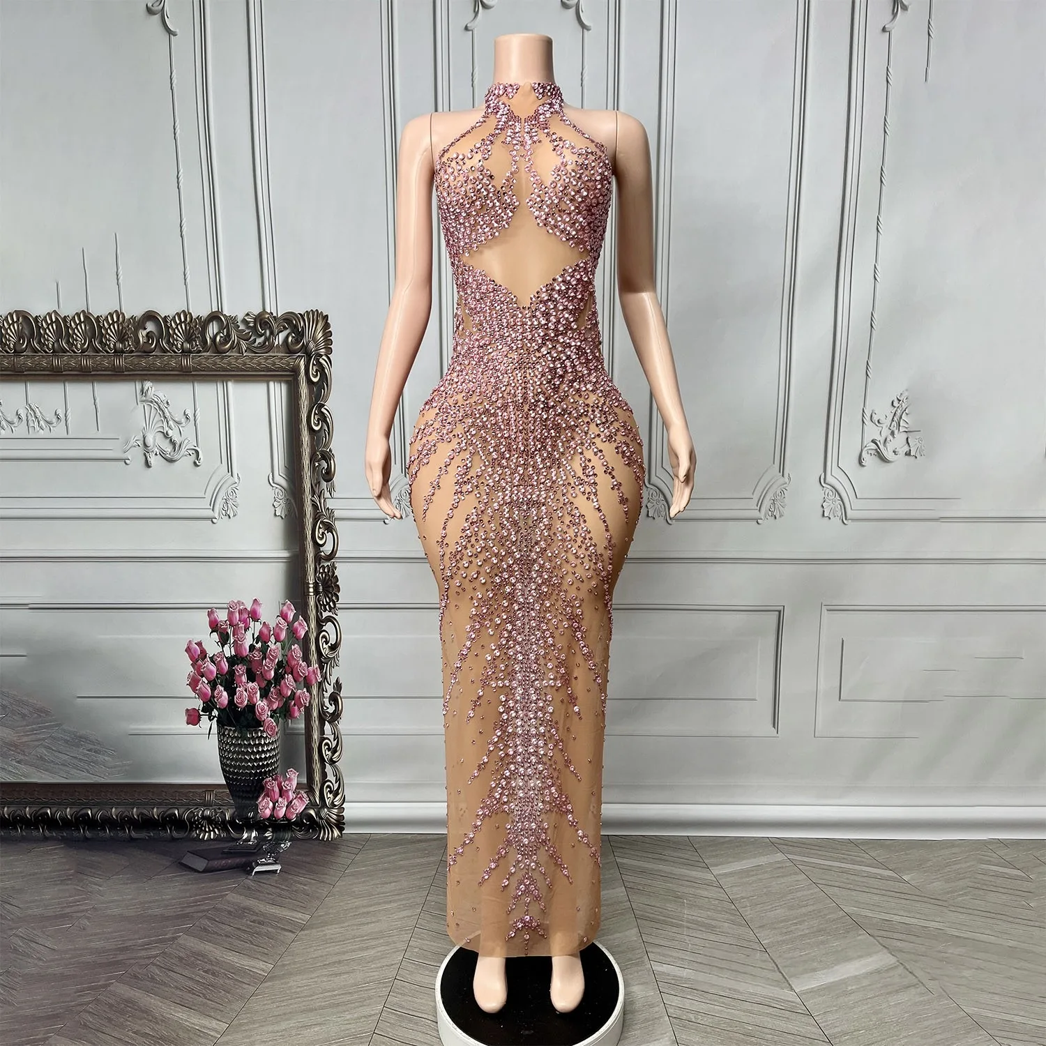 Women luxury Evening Party Prom Gowns Purple Diamonds Stick Mesh Bodycon See Through Special Occassion Birthday Celebrity Dress