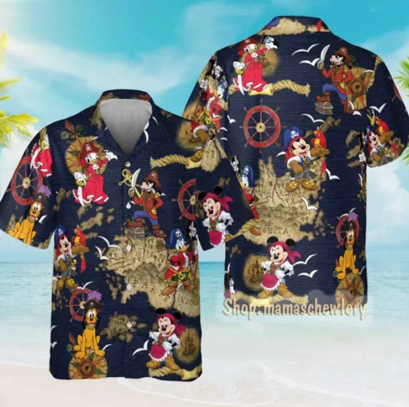 Disney Pirates Mickey Mouse Treasure Map Hawaiian Shirt Men\'s Women\'s Shirt Disneybutton Down Hawaiian Shirts Casual Beach Shirt