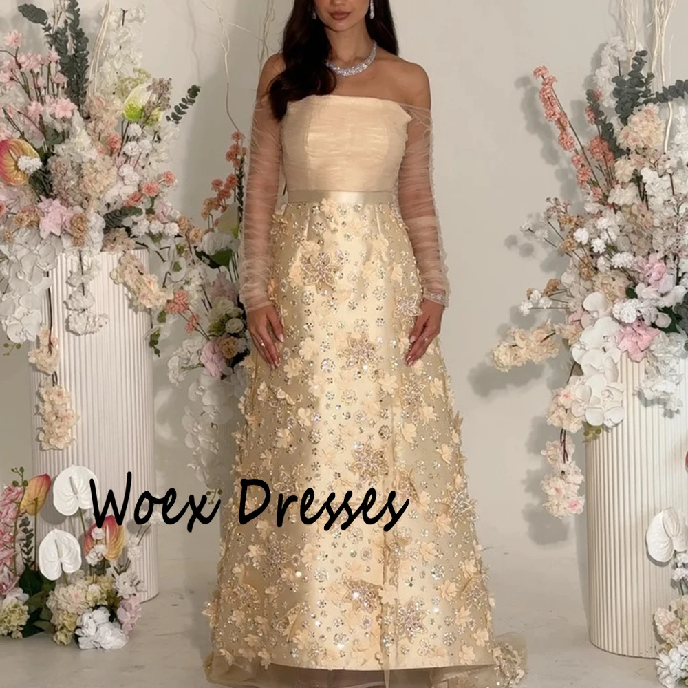 Sukienka wieczorowa bez ramiączek, satynowa, w kolorze szampana, z długimi rękawami, aplikacjami, trenem zamiatającym, sukienka na przyjęcie, długość do kostek, suknia na studniówkę.