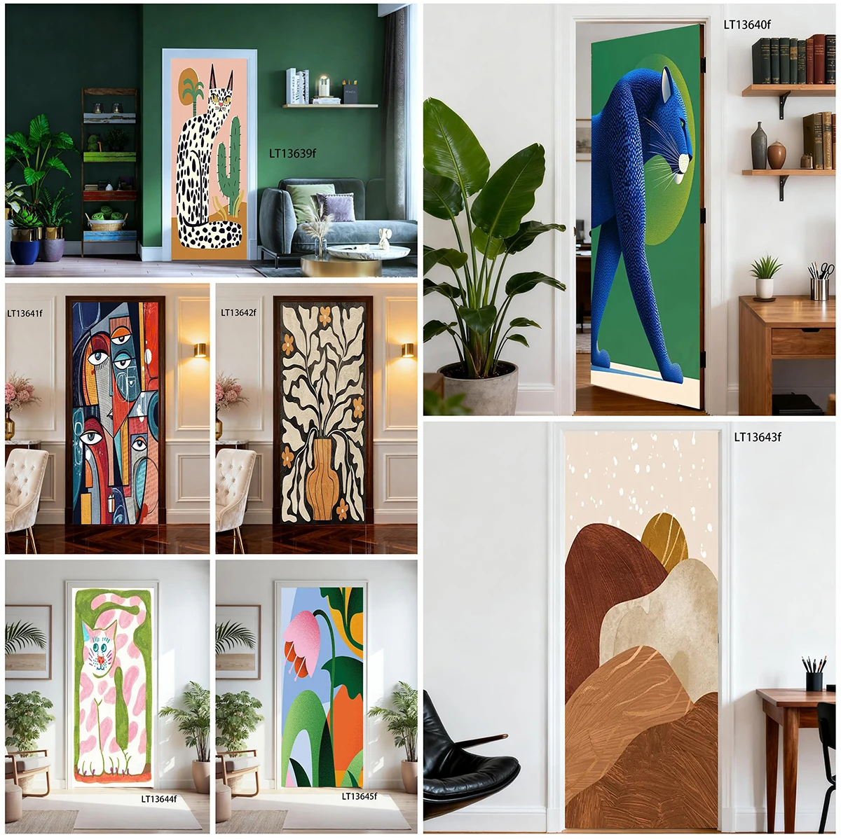 Abstract Animal Door Sticker PVC Mural Leopard Cat Floral Geometric Waterproof Removable Bedroom