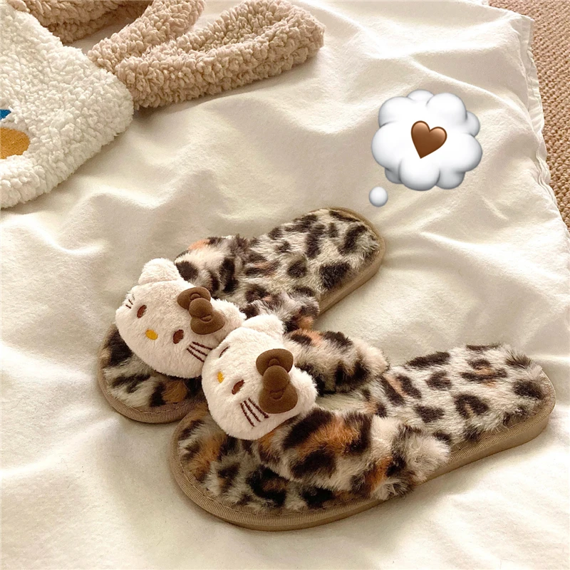 Hello Kitty Plush Slippers Fluffy Soft Indoor Y2k Leopard Flip Flops Bedroom Home Shoes Autumn Winter Cute Cartoon Warm Slippers