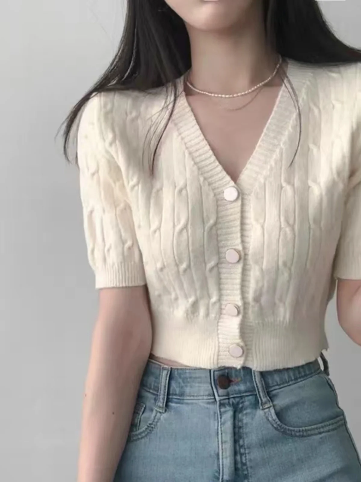 

Slim Fit Short Sleeve Knitted Open Cardigan Women's Thin Vintage Twist V Neck Waist Cinched Slimming Single Button Short Top