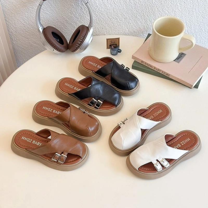 

New Outdoor Children Platform Slippers French style Girls Shoes Fashion Metal Buckle Baby Girl Slides Peep Toe Princess Home Kid