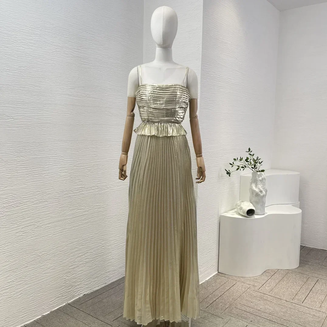 New Collection Champagne Gold Sleeveless Flouncing Ruffle Ruched Women Tube Maxi Dress for Party