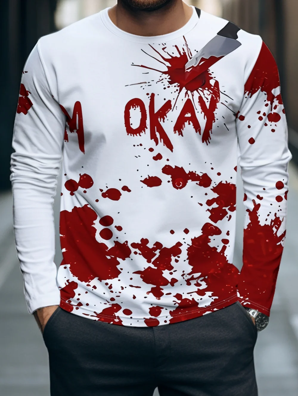 Funny Halloween Holiday Party T-Shirt for Men Blood Graphic Long Sleeves T-Shirts Cosplay Bloody Tee Horror Hoody Clothing