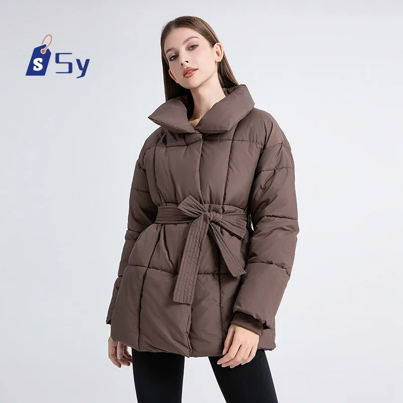 Sy inverno gola pique algodão casaco feminino cinto jaqueta de algodão elegante e elegante cor sólida roupas de algodão feminino