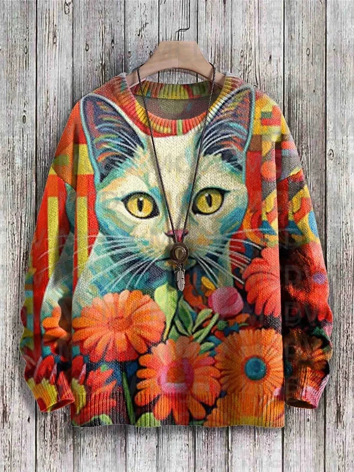 Halloween Zwarte Kat Kunst Patroonprint Casual Gebreide Pullover Sweatshirt Heren Voor Dames Pullover