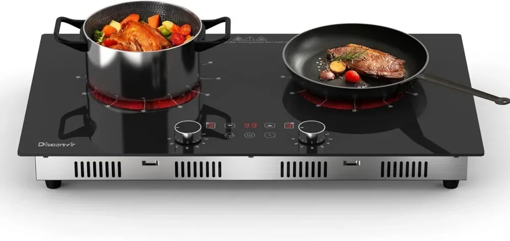 Placa Vitrocerámica de 2 Quemadores de 30cm 3200W, Vitrocerámica de Inducción con Enchufe de 230v, Placa Eléctrica de Cocina con Perillas, 9 Puntos de Calentamiento