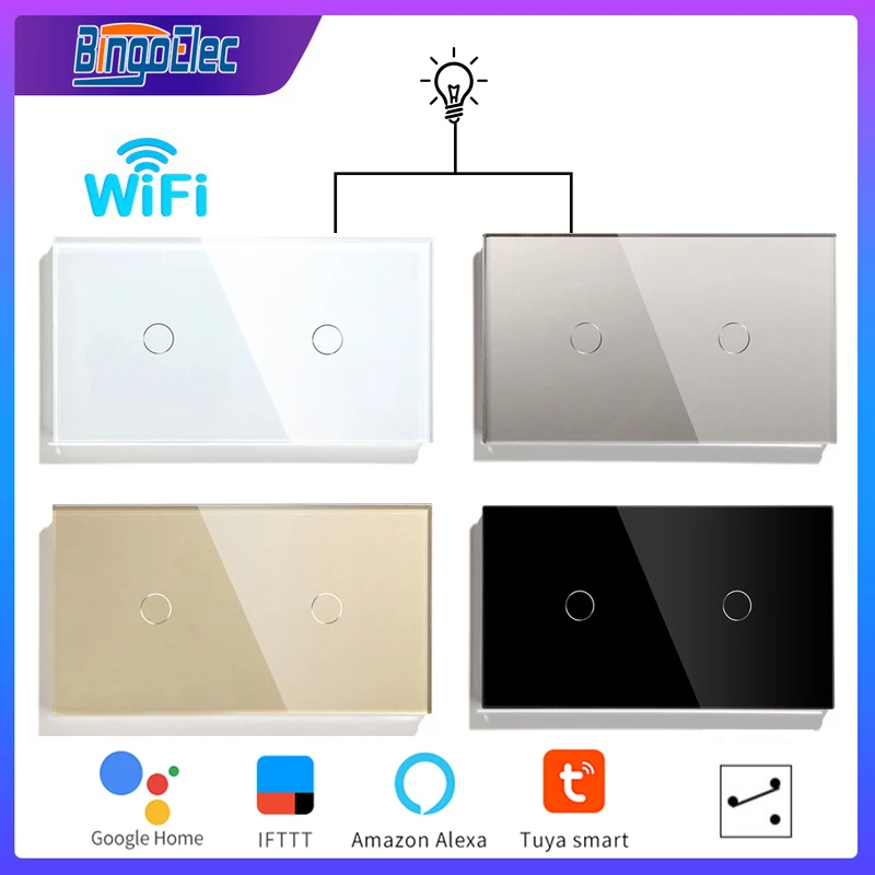 

Bingoelec Double Light Switches Touch Sensor WiFi Smart Wall Switch Glass 2Gang 2Way Interruptor Dark Blacklight 600W