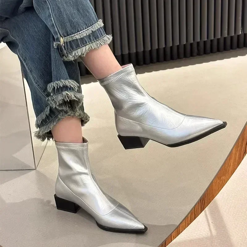 Autumn Women\'s Low Heel Ankle Boots New Fashionable Pointed Fold Thick Heel Chelsea Boots, Women\'s High Heel Sheos Dress Heels