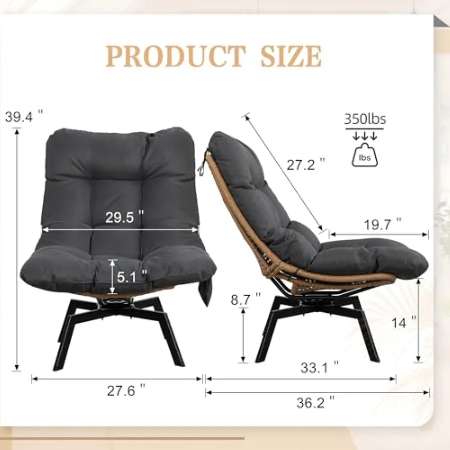 Swivel Wicker Chair PE Rattan Chair with Cushion, Oversized Patio Lounge Chair for Outdoor, Indoor, Balcony, Backyard, Garden,