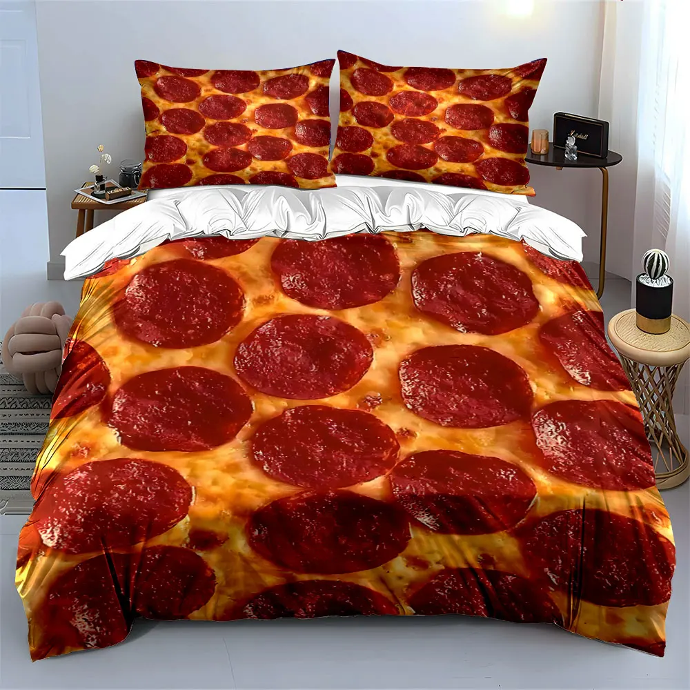Pepperoni slices on cheesy pizza Print Bedding Set 1 Duvet Cover 2 Pillowcases for Adult and Children Luxury Gift Full Size