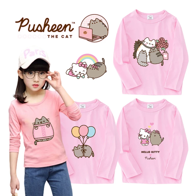 

Pusheens Kitty Girl Child Cute Long Sleeve Sweatshirt Anime Cartoon Print Thin Clothes Cotton Toddler O Neck Tops Vogue Kid Gift