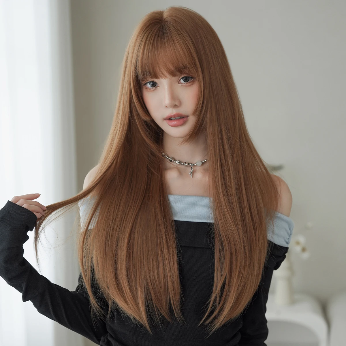 7JHH WIGS Long Straight Layered Honey Brown Wig for Women Synthetic Modest Fashion Wear and Go Chocolate Wigs with Neat Bangs