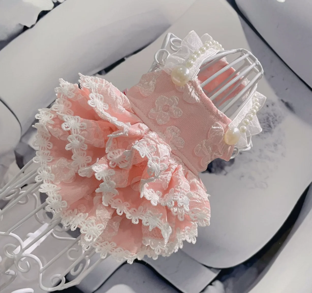 Cute Flocking 3D Flower Pink Pet Dress, Pearl Lace Elegant Dog Dress, Soft Princess Costume for Small Dogs