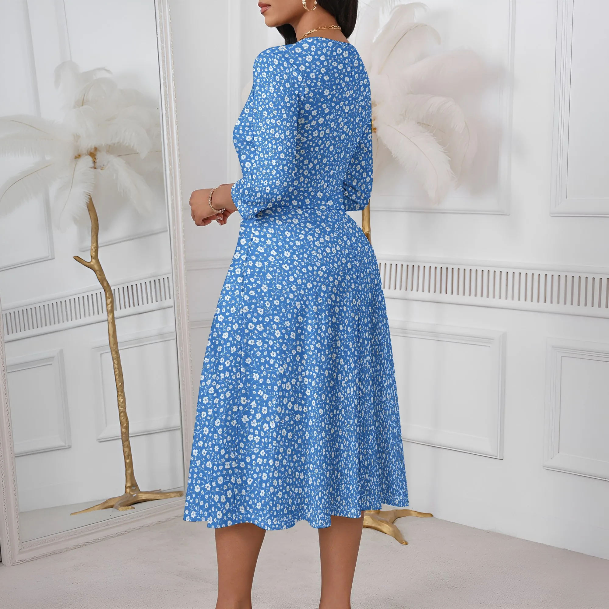 Vestido midi informal de cintura alta con cuello en V y manga 3/4 para mujer, vestido bohemio de moda fluido con estampado, vestido veraniego para invitados de boda