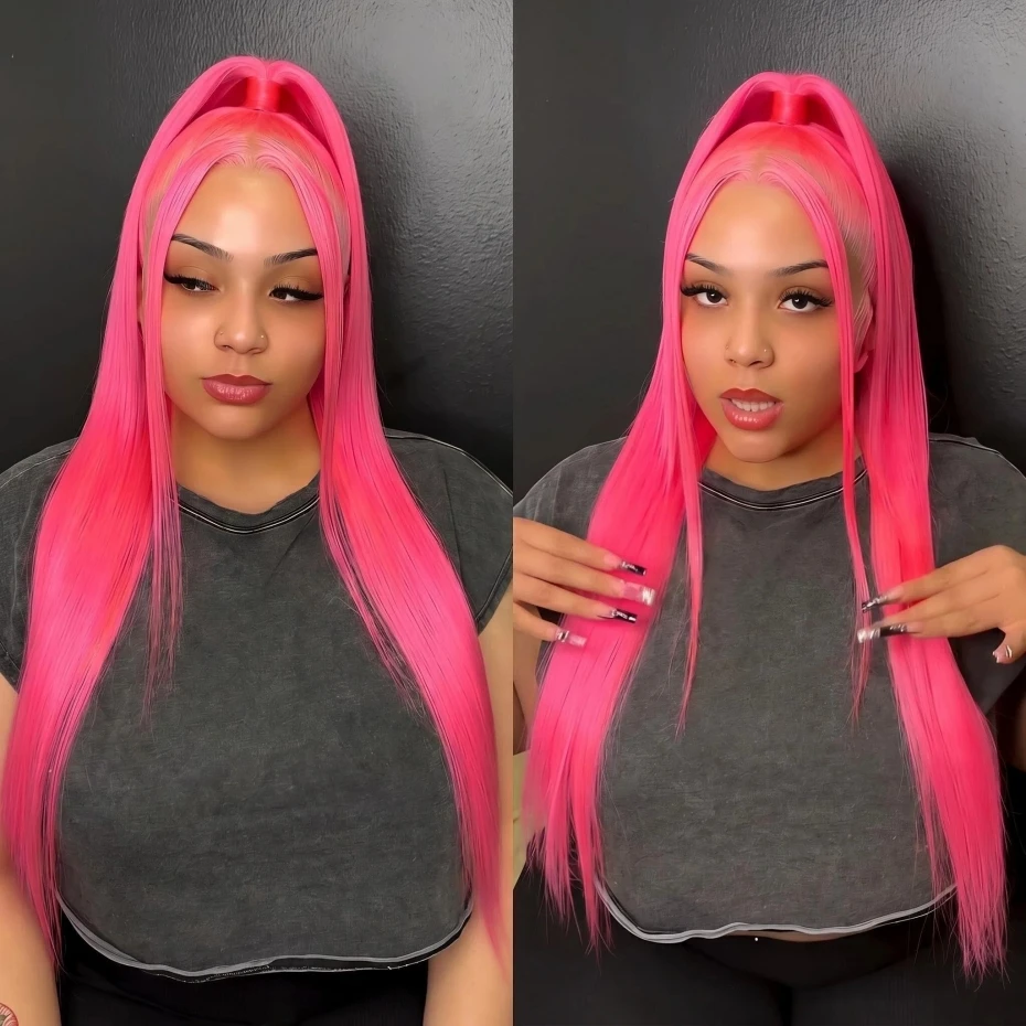 

13x6 Hot Pink Hd Lace Front Human Hair Wigs Pre Plucked 36 38 40 inch Bone Straight Lace Frontal Wigs For Women Neon Pink Hair