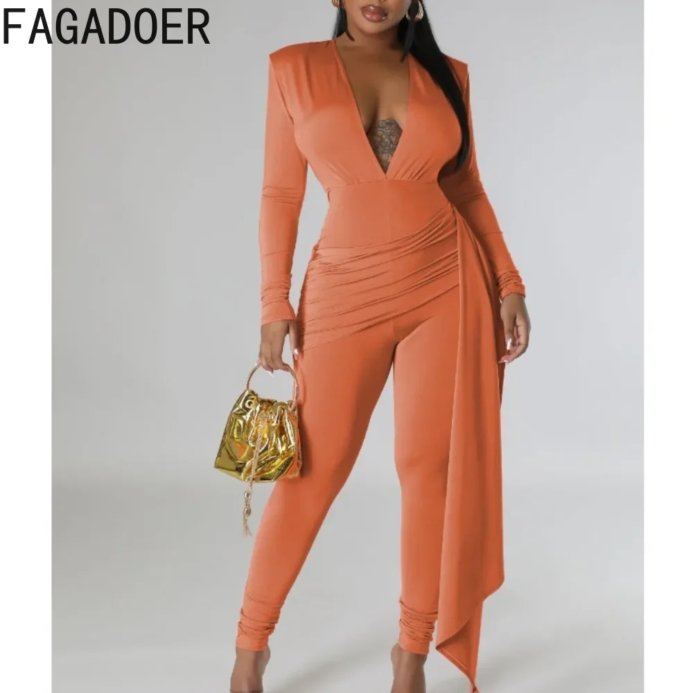 

FAGADOER Sexy Deep V Ruched Tassels Bodycon One Pieces Jumpsuits Women Long Sleeve Slim Playsuits Female Solid Color Overalls