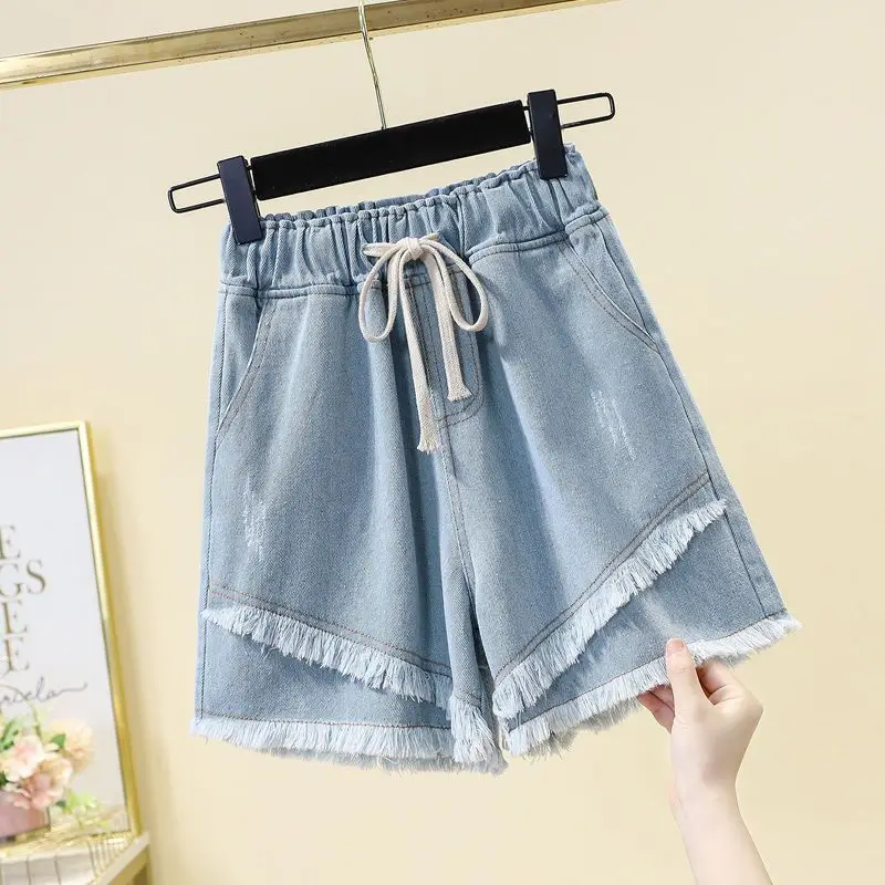 Women's Fashion All-match Spliced Denim Shorts Summer Korean Casual Solid Elastic Drawstring Wide Leg Shorts Female Clothing