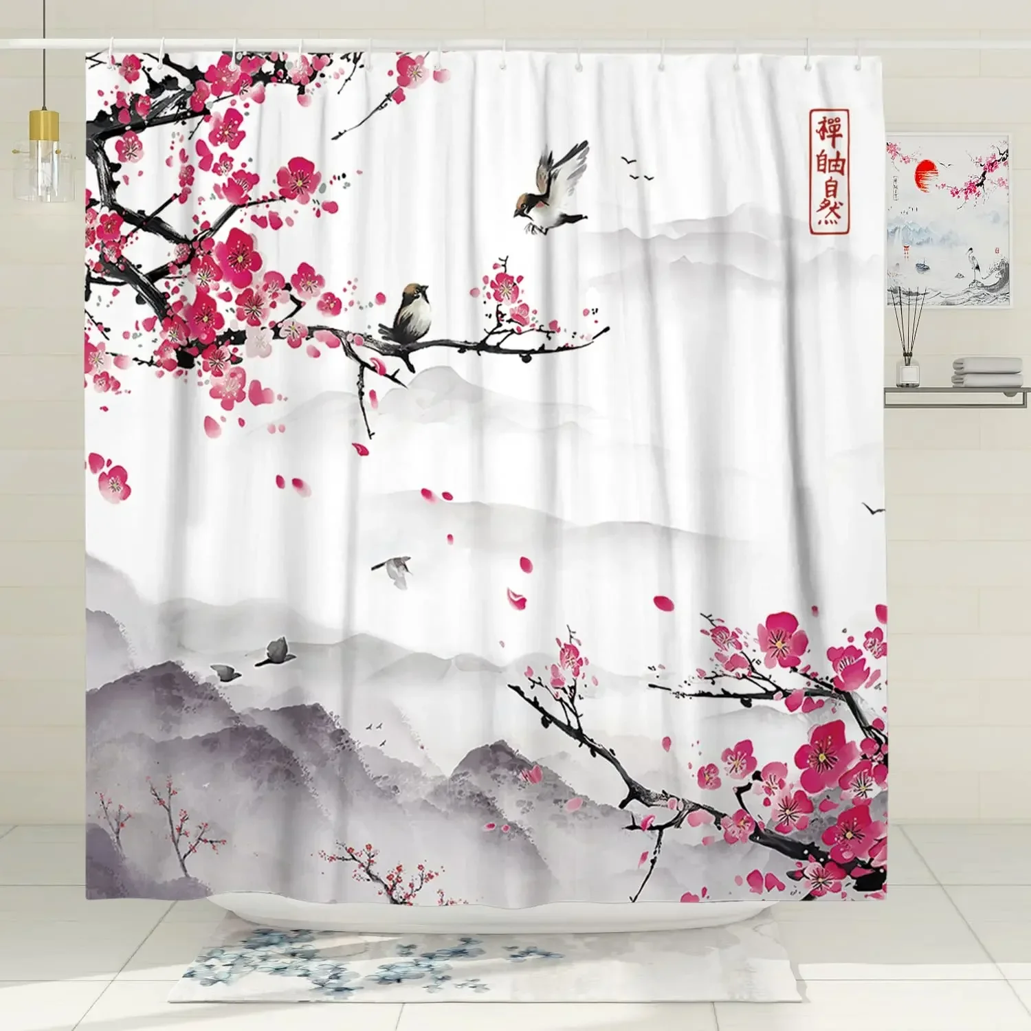 Pink Cherry Blossom Peach Blossoms Shower Curtain Set Flowers White Background Girl Bathroom Polyester Cloth Screen 12 With Hook