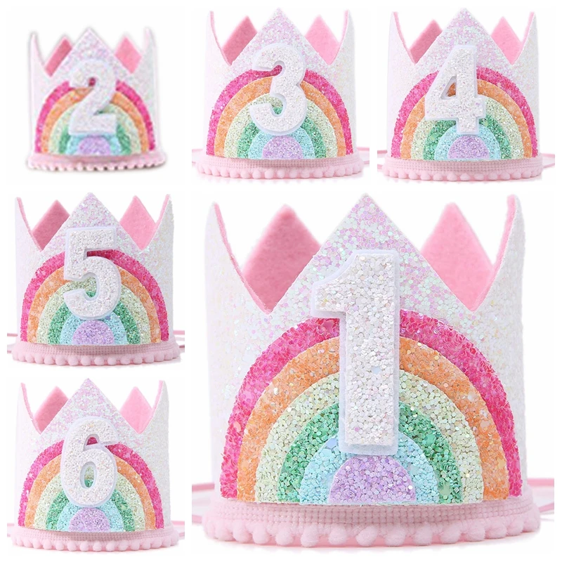 Felt Rainbow Theme Birthday Party Crown 1st 2nd 3rd Happy Birthday Party Decor Kids Baby Shower Party Number Hat Unicorn Party