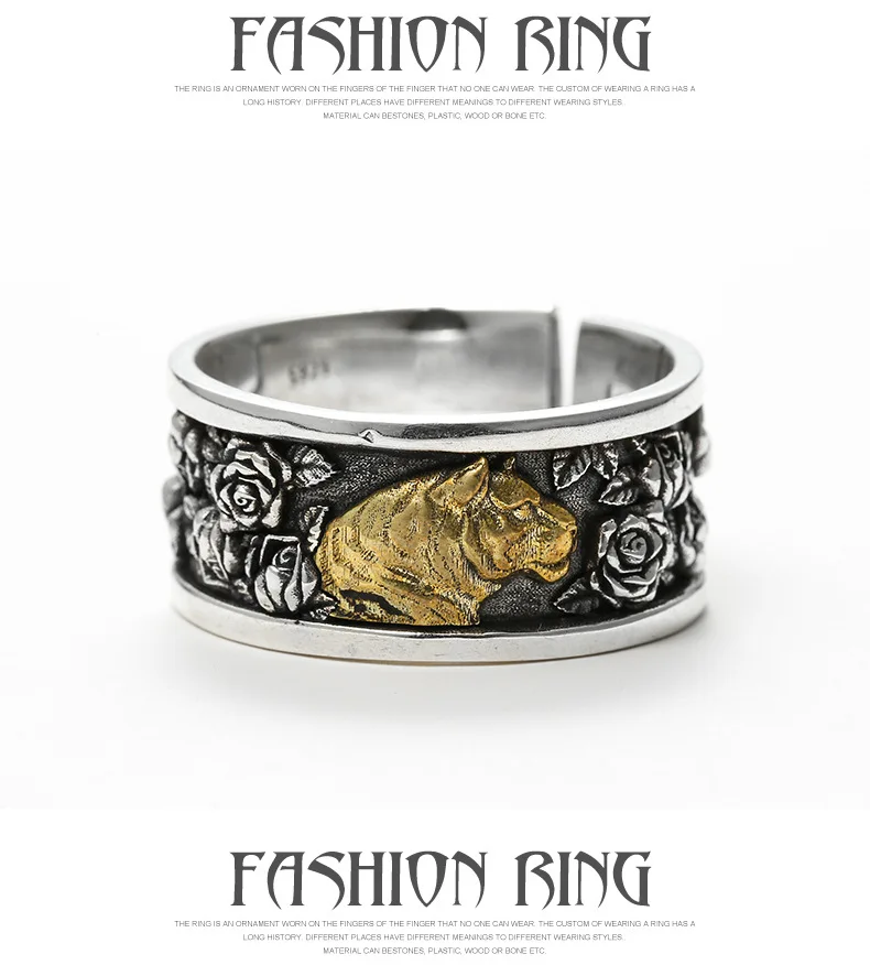 

DAMAI Men's 925 Silver Ring Hip Hop Style Single Tiger's Breath Rose Ring Vintage Personalized Index Finger Ring