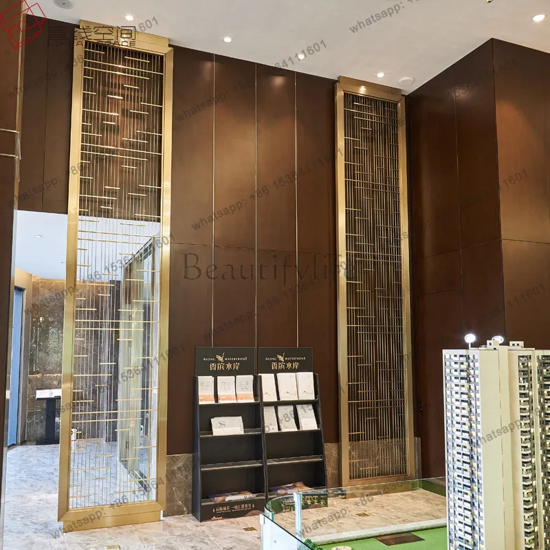 LS light luxury stainless steel screen partition floor empty flower grid titanium living room feng shui partition image wall