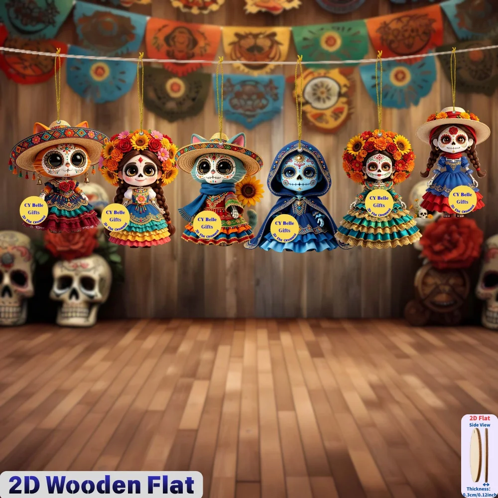 2D Flache Holz-Süßigkeiten-Totenkopf-Hängeornamente für Halloween, Tag der Toten, Weihnachten, Schulanfang, Zuhause, Büro, Klassenzimmer, Auto, Schlüsselanhänger – Detail 6