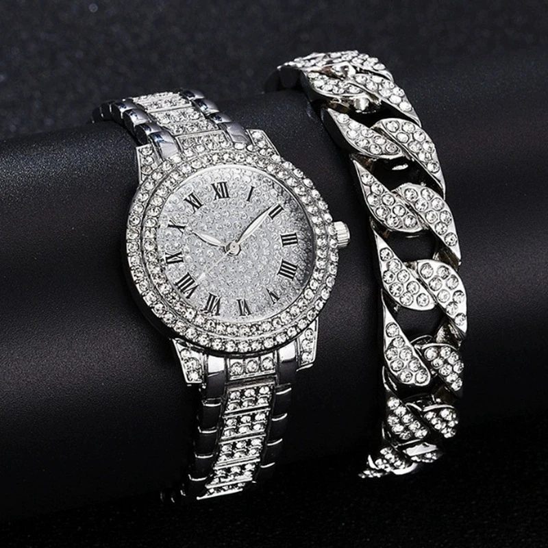 

2pcs Luxury Women Diamond Watches Hip Hop Bracelet Ladies Quartz Watch Rose Gold Womens Wristwatch Shiny Crystal Reloj Mujer