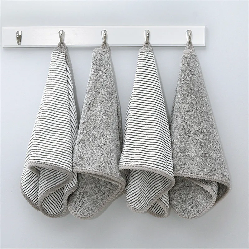 1Pc 34x75cm Bamboo Charcoal Fiber Coral Fleece Water-Absorbent Antibacterial Stripes Dry Hair Wash Hand Towel