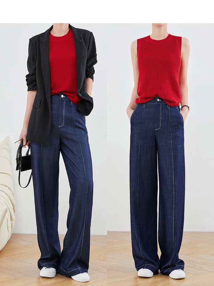 

FaLin High Waist Straight Leg Blue Denim Wide Leg Pants Casual Trousers Long Length Spring Season Women's Faion