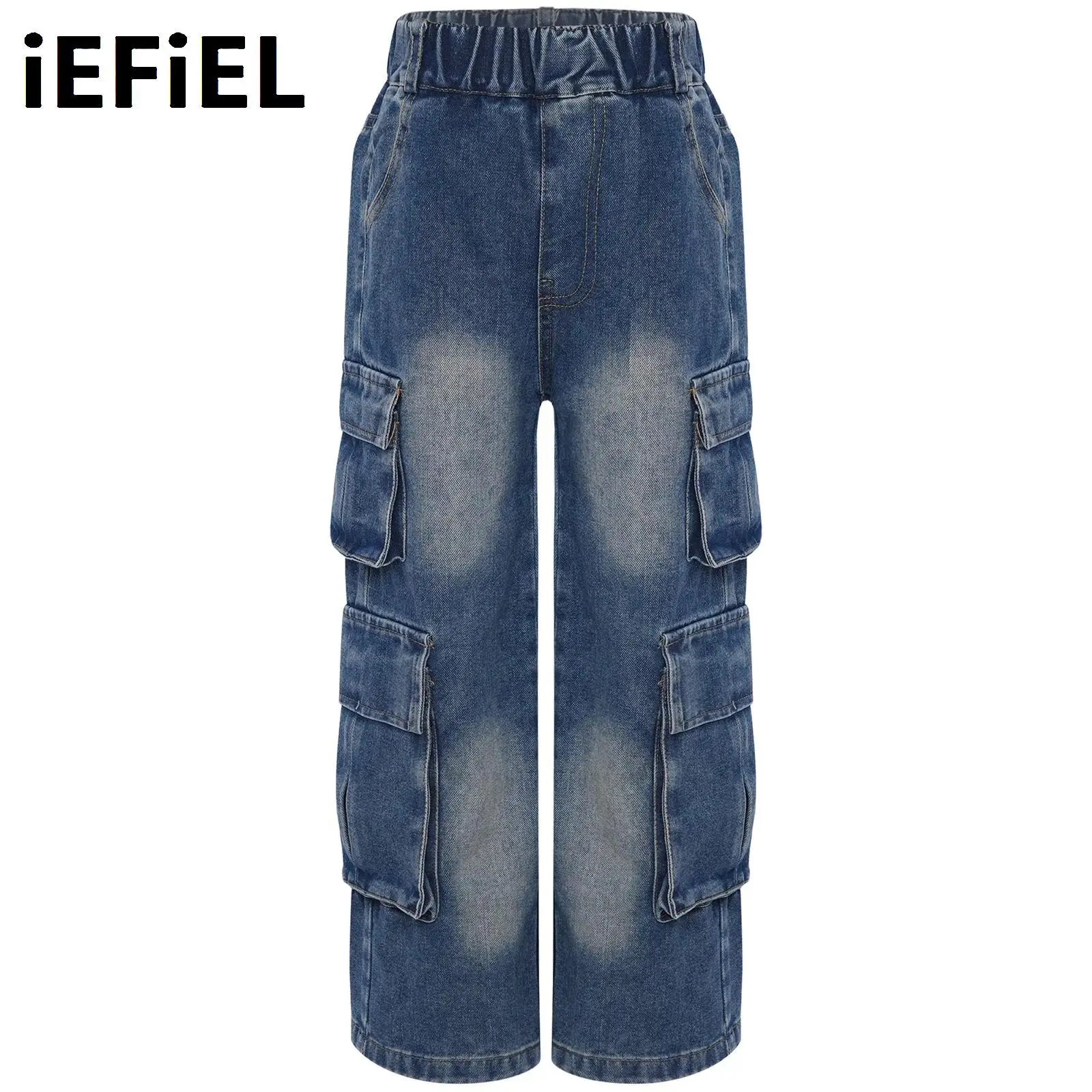 

Модные джинсы-карго для девочек, джинсовые брюки с эластичным поясом и карманами с клапанами для хип-хопа, скейтбординга, выходного дня, праздничная уличная одежда