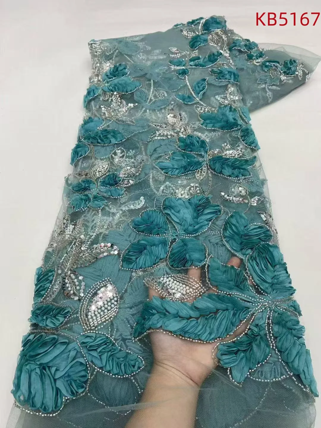 

African Lace Fabric 5 Yards High Quality 2025 Beaded French Mesh Sequins 3D Flower Embroidered Lace Fabrics For Sewing KB5167