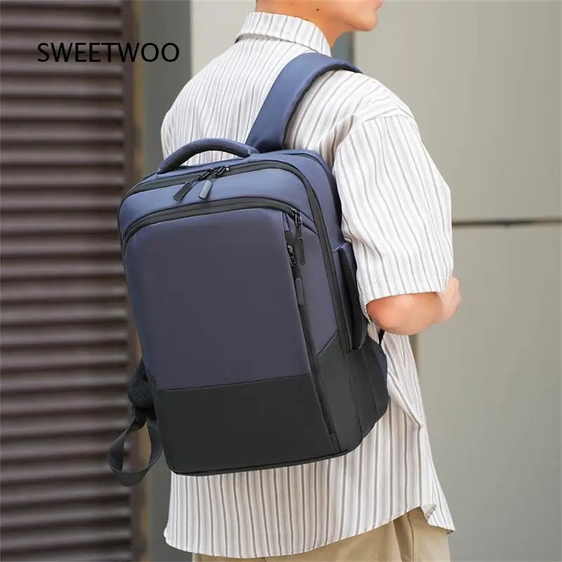 Men Blue Color Block Nylon Backpack Business Laptop Rucksack Slim Travel Daybag Casual Work School Bag