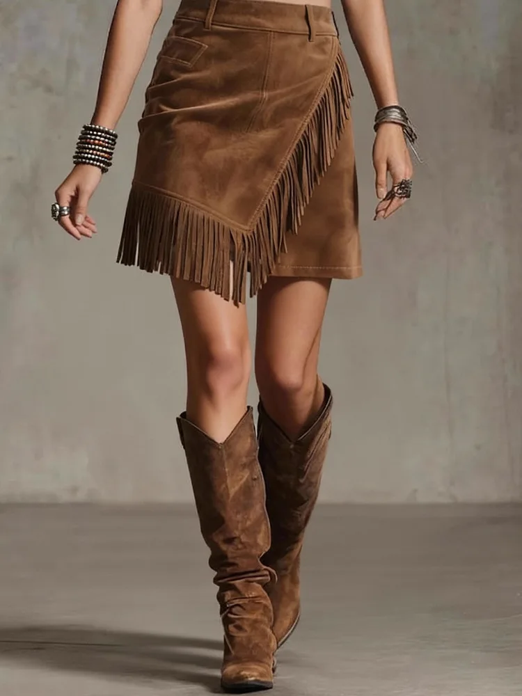 New 2026 Summer Women's Retro Western Suede Casual  Asymmetrical Tassel Bodycon Mini Skirt