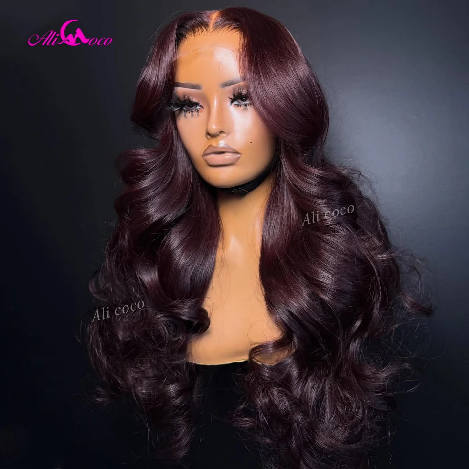 

Dark Purple Colored Body Wave Human Hair Wigs 13x6 Lace Front Wigs for Women Transparent Lace Closure Dark Burgundy 180 Density
