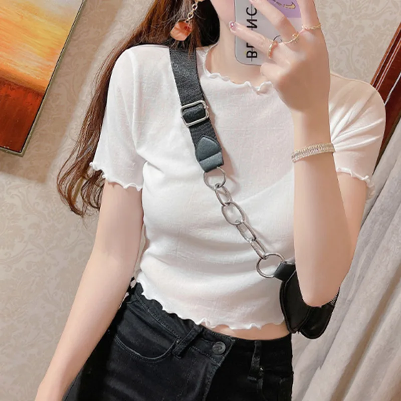 White Lace Ice Silk Short Sleeve Base Shirt Women's Summer Slim Fit Inner Wear Short Elegant Top Thin Mesh Underwear