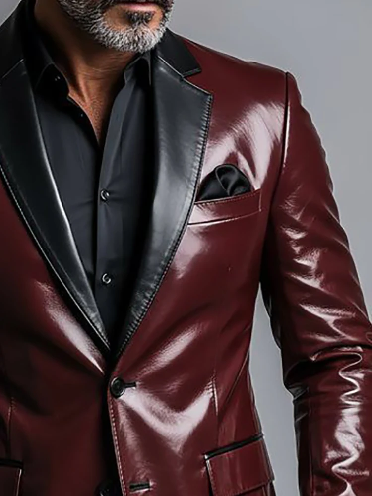 

Elegant Glossy PU Leather Men's Business Suit Blazer Crimson Lapel Single-breasted Office Outerwear Vintage Long Sleeve Blazers