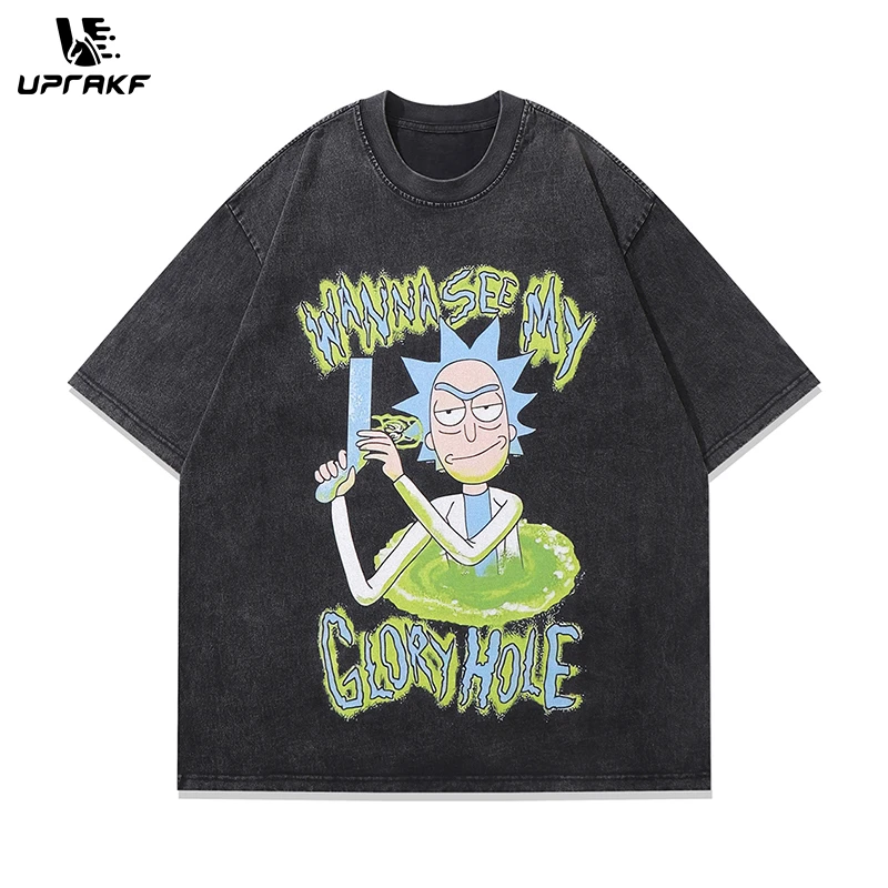 

UPRAKF Streetwear T Shirts Vintage Cotton Washed Loose Cartoon Character Print Tee Short Sleeve Casual O Neck Summer Trendy