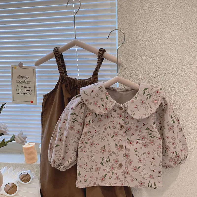 Girls Children Sets New Spring Autumn Two Piece Set Girl Baby Korea Strap Pants Fragmented Flowers Shirt Vintage Stripe