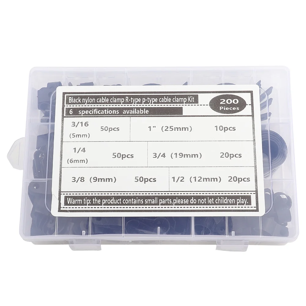 200pcs Plastic Nylon Cable Clamp R Type P Type Wire Clip Fasteners Assorted Box(Black )