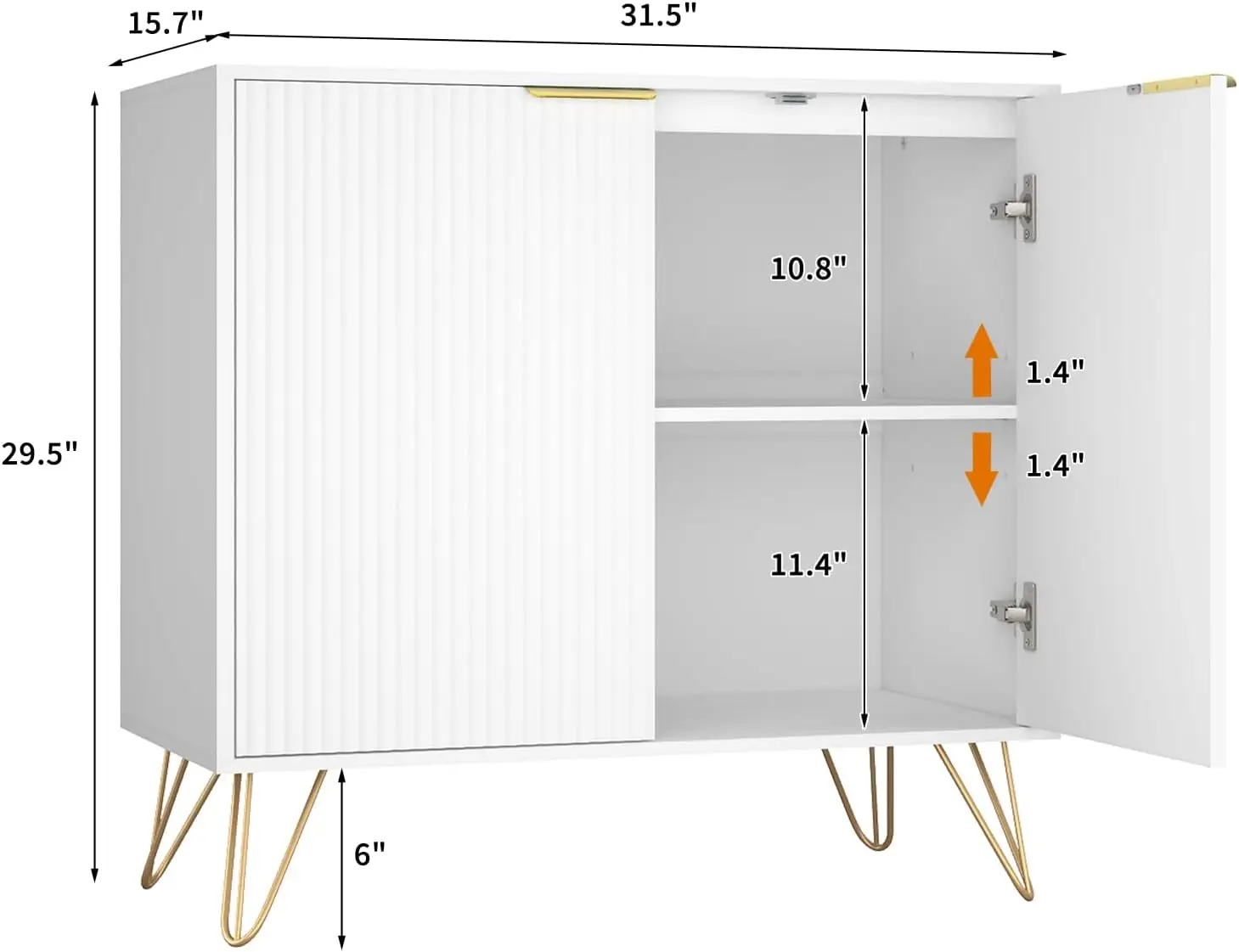Fluted White and Gold Buffet Cabinet with Adjustable Shelf for Kitchen, Entryway, Office