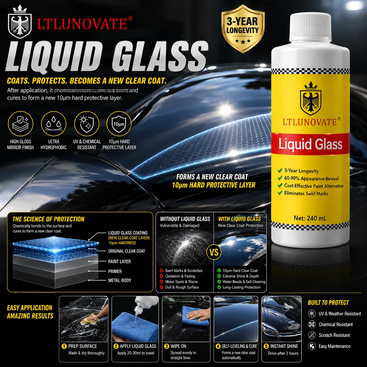 LTLUNOVATE Liquid Glass 240ml Paint Repair High Gloss Clear Coat for Faded Paint Swirls Scratches