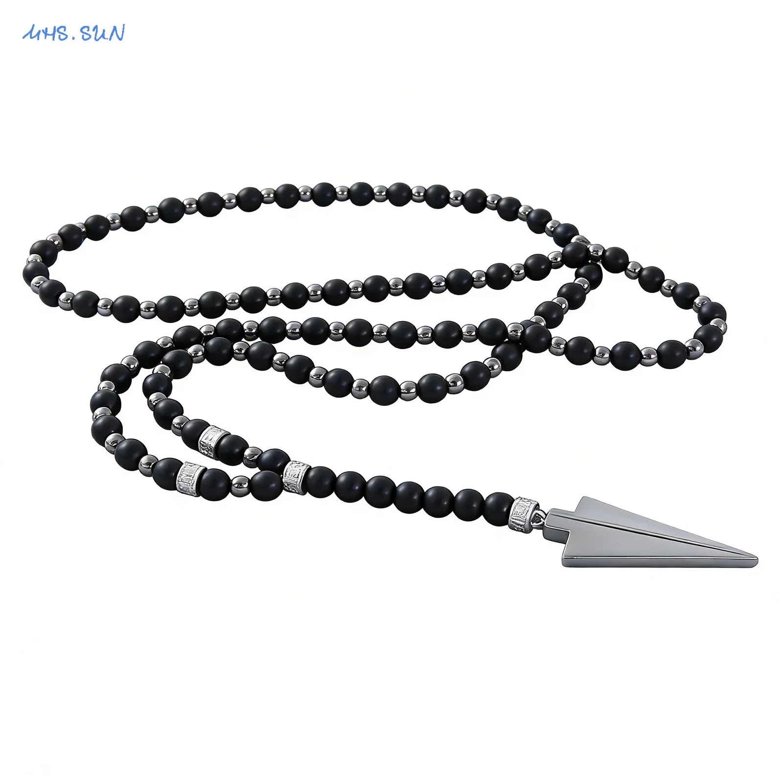 MHS.SUN Fashion Arrow Pendant Necklaces For Women Men Black Natural Stone Beaded Necklace Daily Chain Jewelry Handmade 1PC