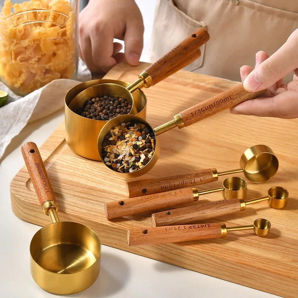 

4/8Pcs Stainless Steel Measuring Cups Spoons Wooden Handle Baking Tools Coffee Measuring Spoon Set Bartending Scale Accessories