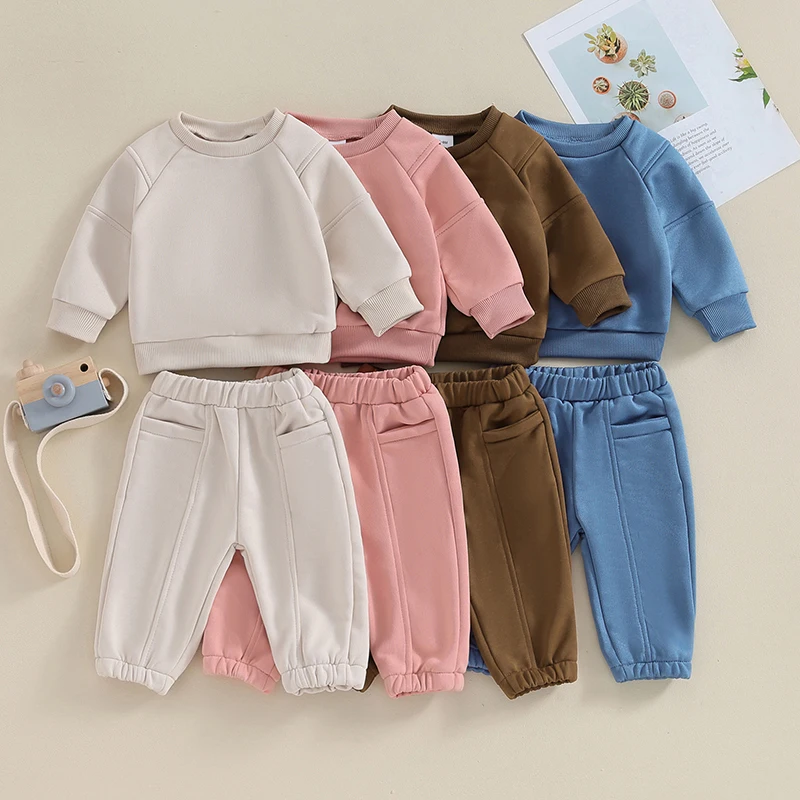 Toddler Baby Boy Fall Clothes Solid Color Long Sleeve Sweatshirt Pants Set Infant Newborn Fall Winter Outfits