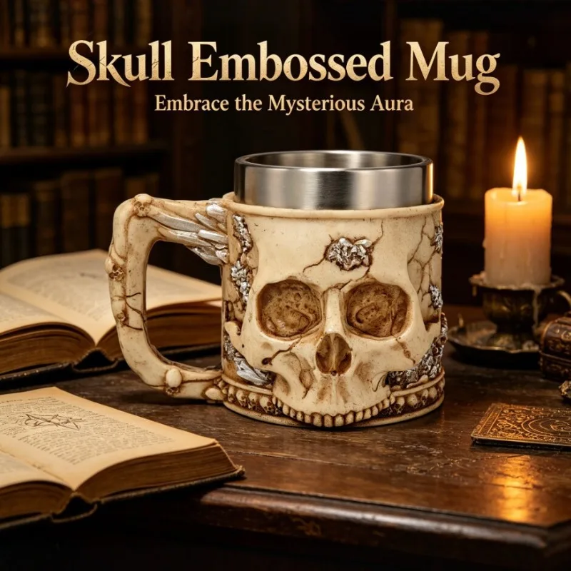 3D Embossed Skull Resin Mug Stainless Steel Liner Vintage Silver Bone  Beer Cup Gothic Bar Whiskey Wine Drinkware Halloween
